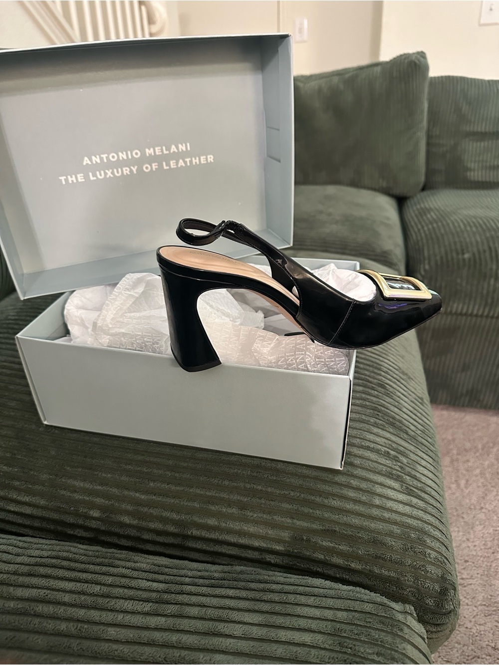 ANTONIO MELANI Black Patent Slingback Heels with Gold Hardware